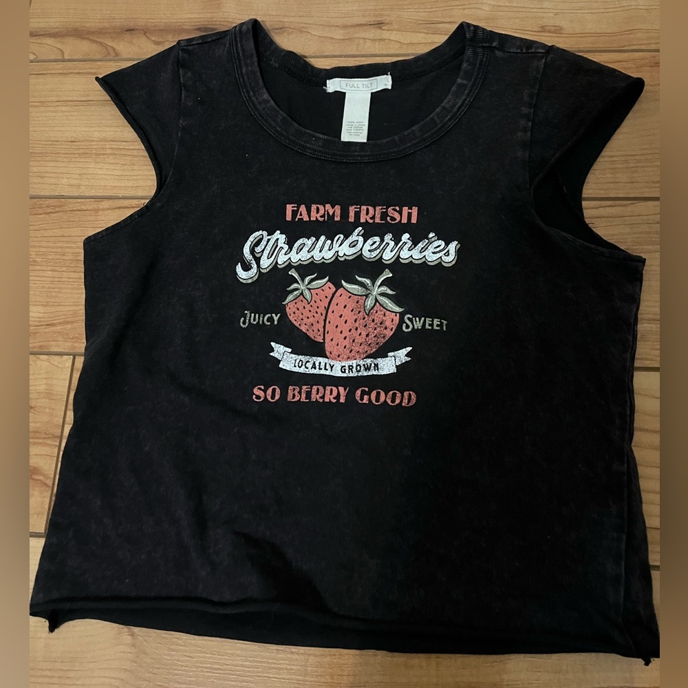 Full Tilt Black Crop Top with Strawberry Graphic